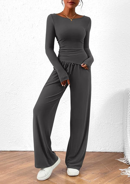 PRETTYGARDEN Women's 2 Piece Lounge Sets Asymmetrical Long Sleeve T Shirt Wide Leg Pants Casual Outfits Tracksuit