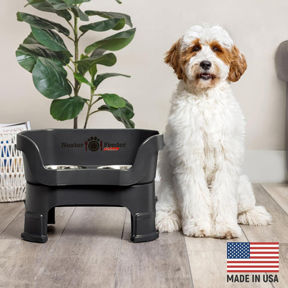 Neater Feeder Deluxe Mess Proof Dog Bowls Elevated Medium Sized Dogs (19-40 lbs) Made in USA, No Spill Raised Dog Food Bowl Stand w/Leg Extension, Stainless Steel Food and Water Bowl Set, Black
