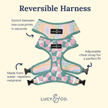 Lucy & Co. Reversible Dog Harness - Water-Repellent Neoprene, Dual-Print Design, Easy Swap Style, Adjustable Comfort Fit - Just Chill Reversible Harness - Large
