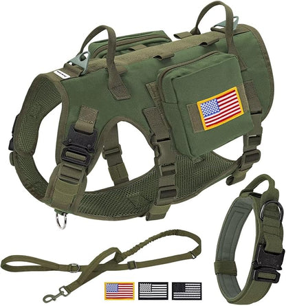 Forestpaw Tactical Dog Harness for Large Dogs,Tactical Dog Collar with Bungee Leash Set,No Pull Military Dog Harness for Walking Training,Adjustable for Medium Large Dogs,Green,Chest 27-40"