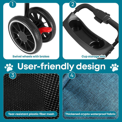 Pet Stroller,Dog Stroller for Small Medium Dogs Cats,3 Wheels,Foldable,with Breathable Mesh Canopy,Cup Holders,Easy Assembly,Green