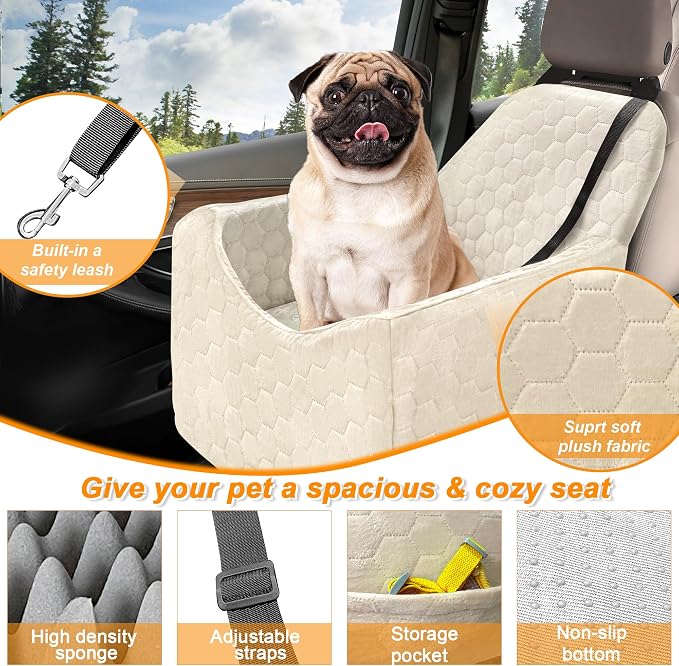 Dog Car Seat for Small/Medium Dogs, Memory Foam Dog Booster Seat, Travel Safety Per Car Seat with Washable Removable Cover, Storage Pockets for Dogs up to 35 lbs (White, Small)