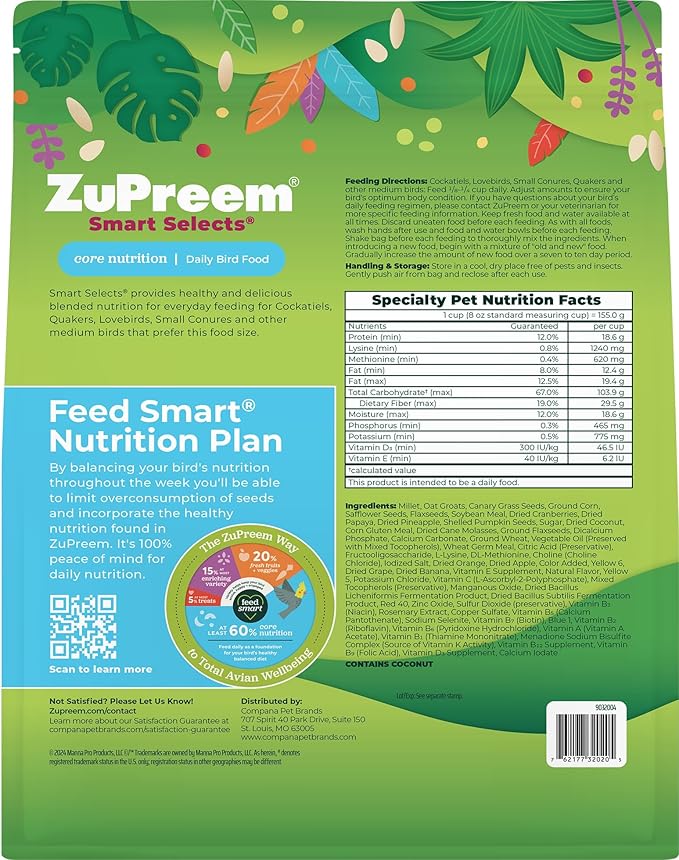 ZuPreem Smart Selects Pellets & Seed Blend, Daily Food for Cockatiel, Lovebird, Quaker, Conure, Lorikeet, Core Nutrition Food for Medium Birds, Essential Vitamins, Conure Feed (M, 2.5 lbs)