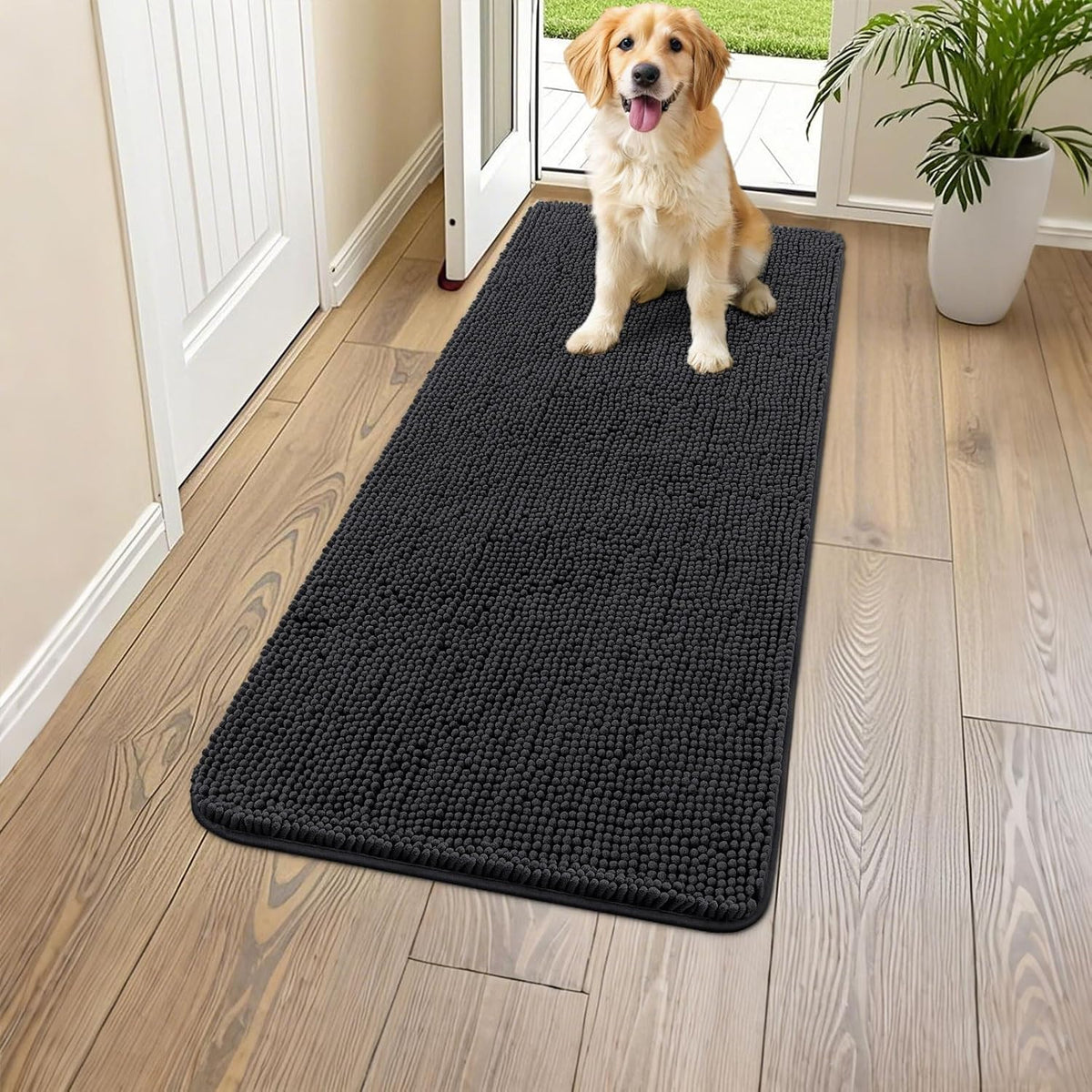 Smiry Dog Door Mat for Muddy Paws 47x24, Absorbs Moisture and Dirt Doormat, Non-Slip Washable Quick Dry Chenille Front Door Mat Indoor Entrance, Entryway Carpet for Inside Floor, Black