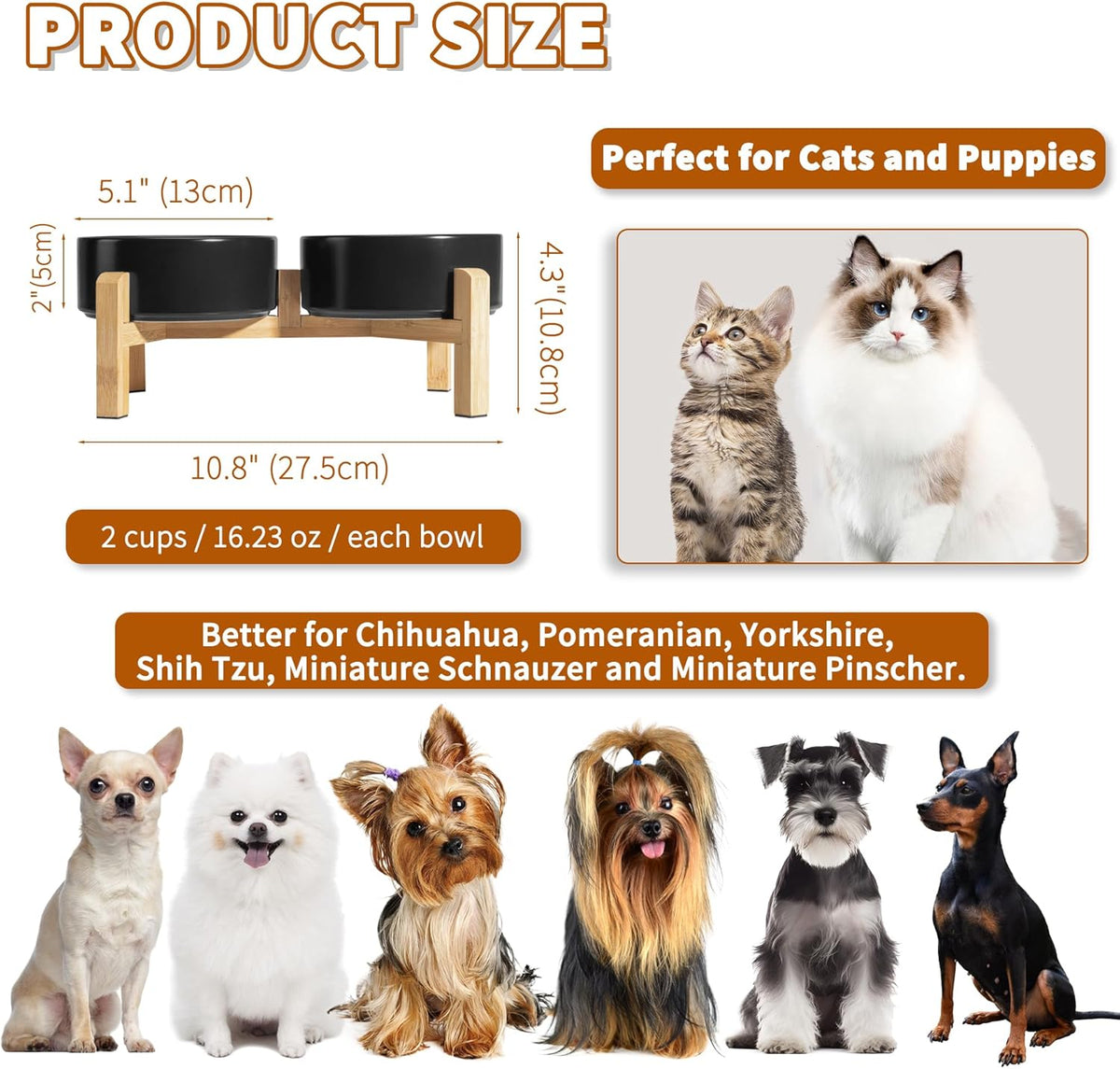 Elevated Ceramic Dog Bowl Set - Raised Feeding Bowls with Non-Slip Bamboo Stand - Small Pet Dishes for Food and Water - Ideal for Cats and Puppies - 16.23 OZ - 2 Cups - 480 ML