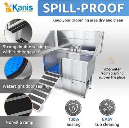 KANIS Professional Dog Washing Station - 304 Stainless Steel Pet Wash Sink & Grooming Bath Tub for Home with Ramp, Shower, Floor Grate, Storage Drawers, and Faucet for Large, Medium & Small Pets