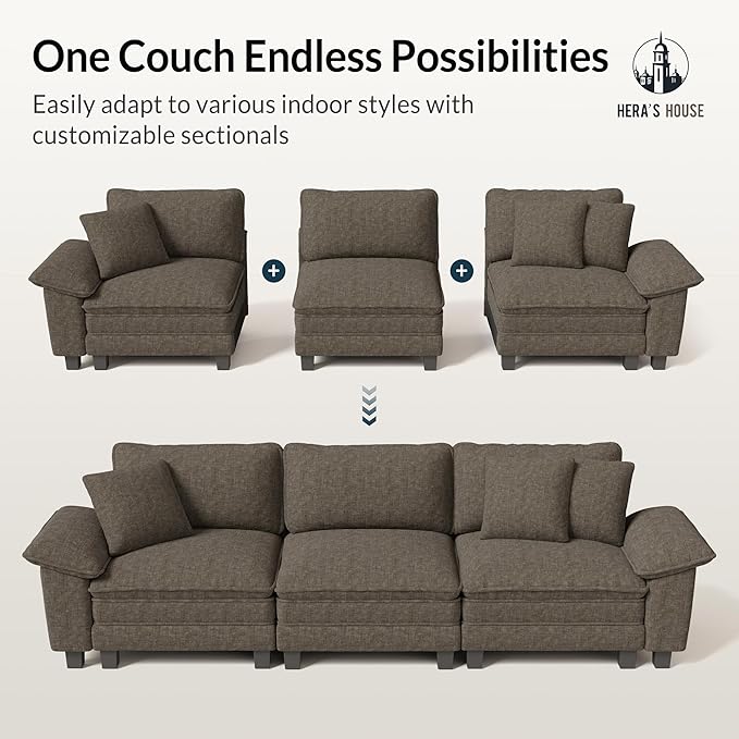 HERA'S HOUSE 54" Modular Sectional Sofa Couches for Living Room, Comfy Cloud Couch 1-Seater Deep Seat Sofa with Throw Pillow, Chenille Ash