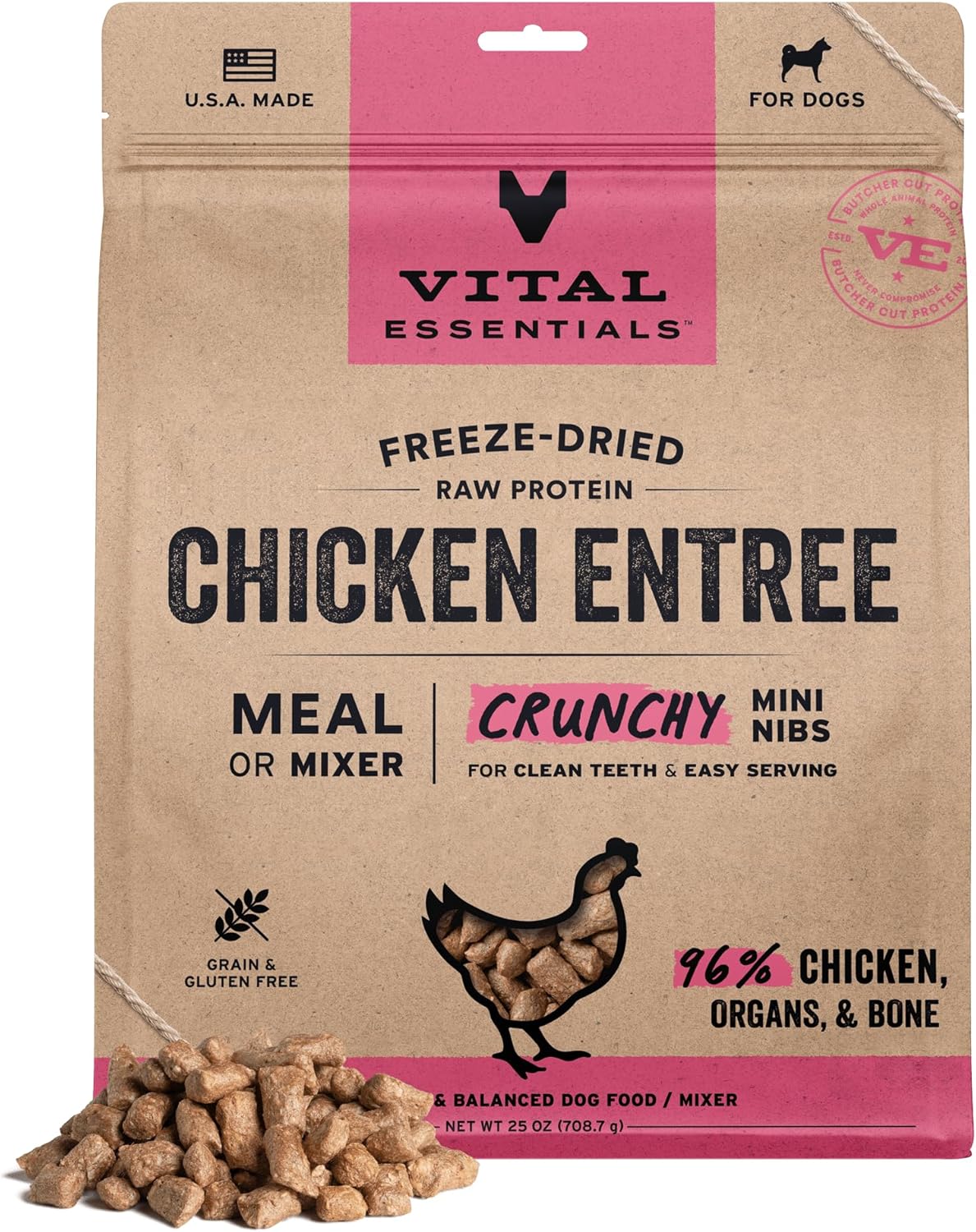 Vital Essentials Freeze-Dried Raw Chicken Meal or Mixer Dog Food Crunchy Mini Nibs, 25 oz