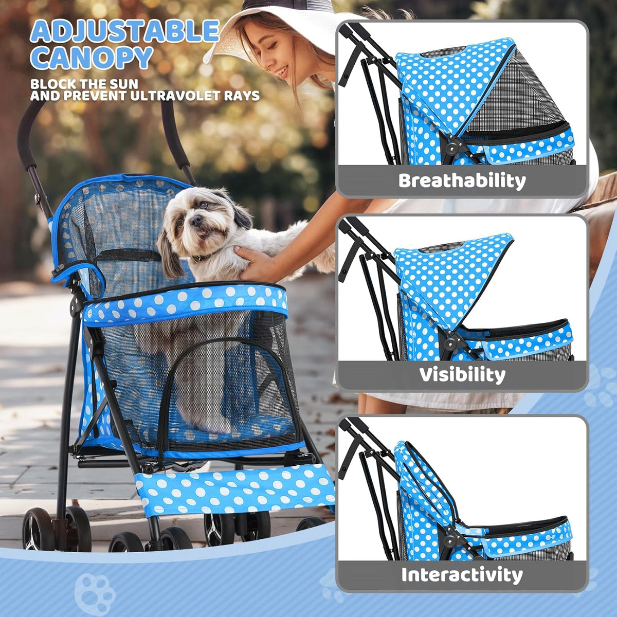 Magshion Compact Pet Stroller for Small-Medium Dogs/Cats up to 22lbs, 4-Wheel Lightweight Umbrella Shaped Portable Puppy Travel Jogger with Breathable Mesh & Rear Storage, Sky Blue Polka Dots