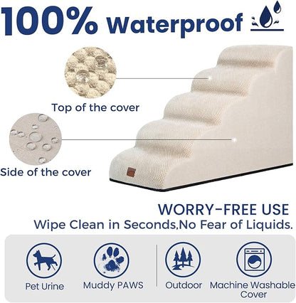 GoGoBunny Ramp Dog Stairs for High Beds 24.4" H, 5-Step Extra Wide Dog Slope Stairs with Durable Waterproof Fabric Cover, Pet Steps for Old Large Dogs Climbing, Non-Slip Sturdy Indoor Step, Beige