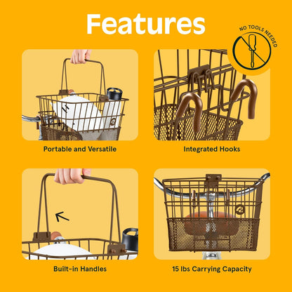 Retrospec Apollo Detachable Front Bike Basket Steel Half-Mesh with Integrated Detachable Hooks and Built-In Handle, Easy Assembly and Portability for Bicycles
