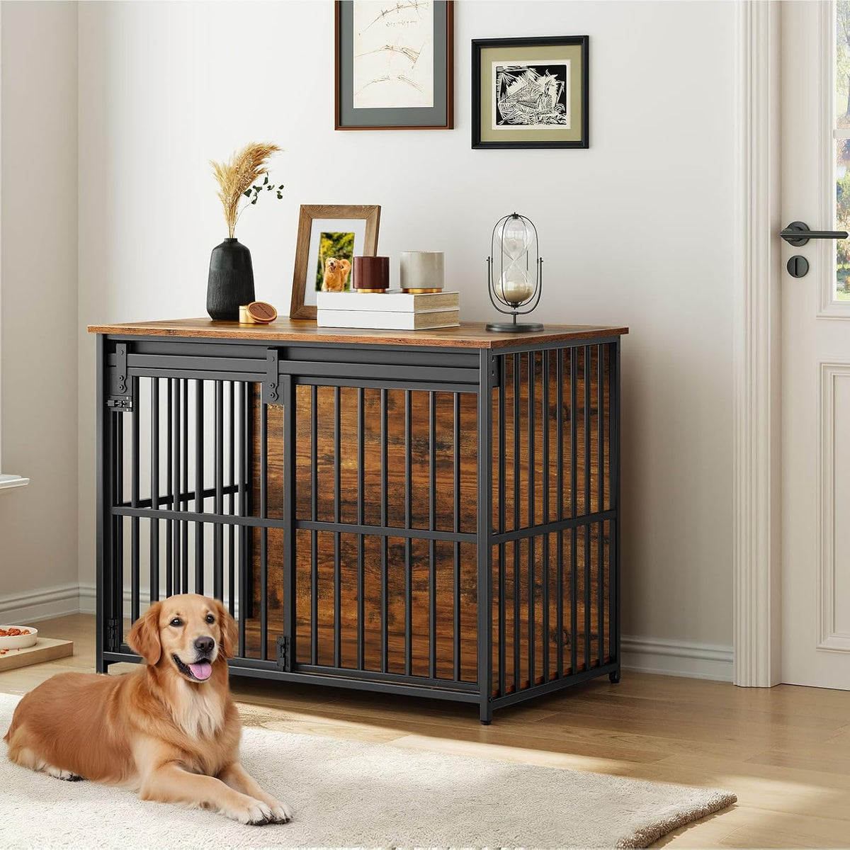 HOOBRO Dog Crate Furniture, 36.6" Heavy Duty Dog Kennel with Sliding Barn Door, Wooden Dog Cage Indoor, Decorative Side End Table for Small/Medium Dogs, Rustic Brown and Black FG162GW03G1