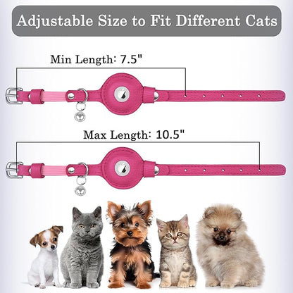 OOPSDOGGY Cat Collar for AirTag Holder, Leather Kitten Collars with Elastic Strap & Bell, Non Breakaway Adjustable Small Pet Collars for Indoor & Outdoor for Boy, Girl (Pink)