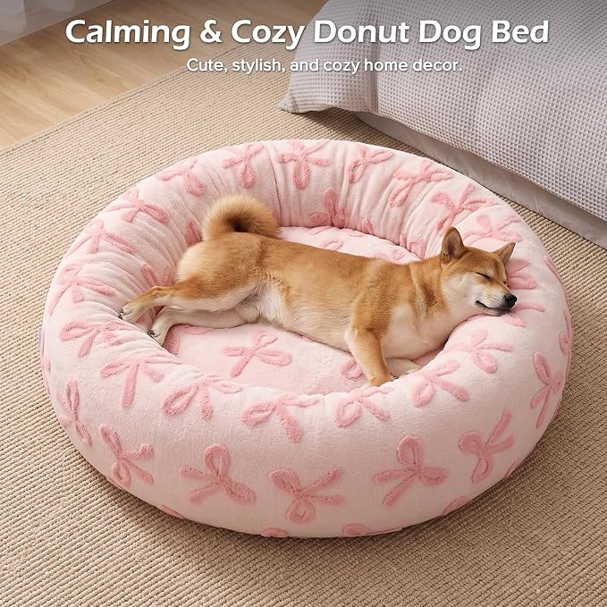 JOEJOY Jacquard Donut Round Small Dog Beds,Pink 23x23x8in, Removable Washable Cover, Cute Pattern, Ultra Soft Fluffy Calming Pet Bed with Thick Supportive Bolster