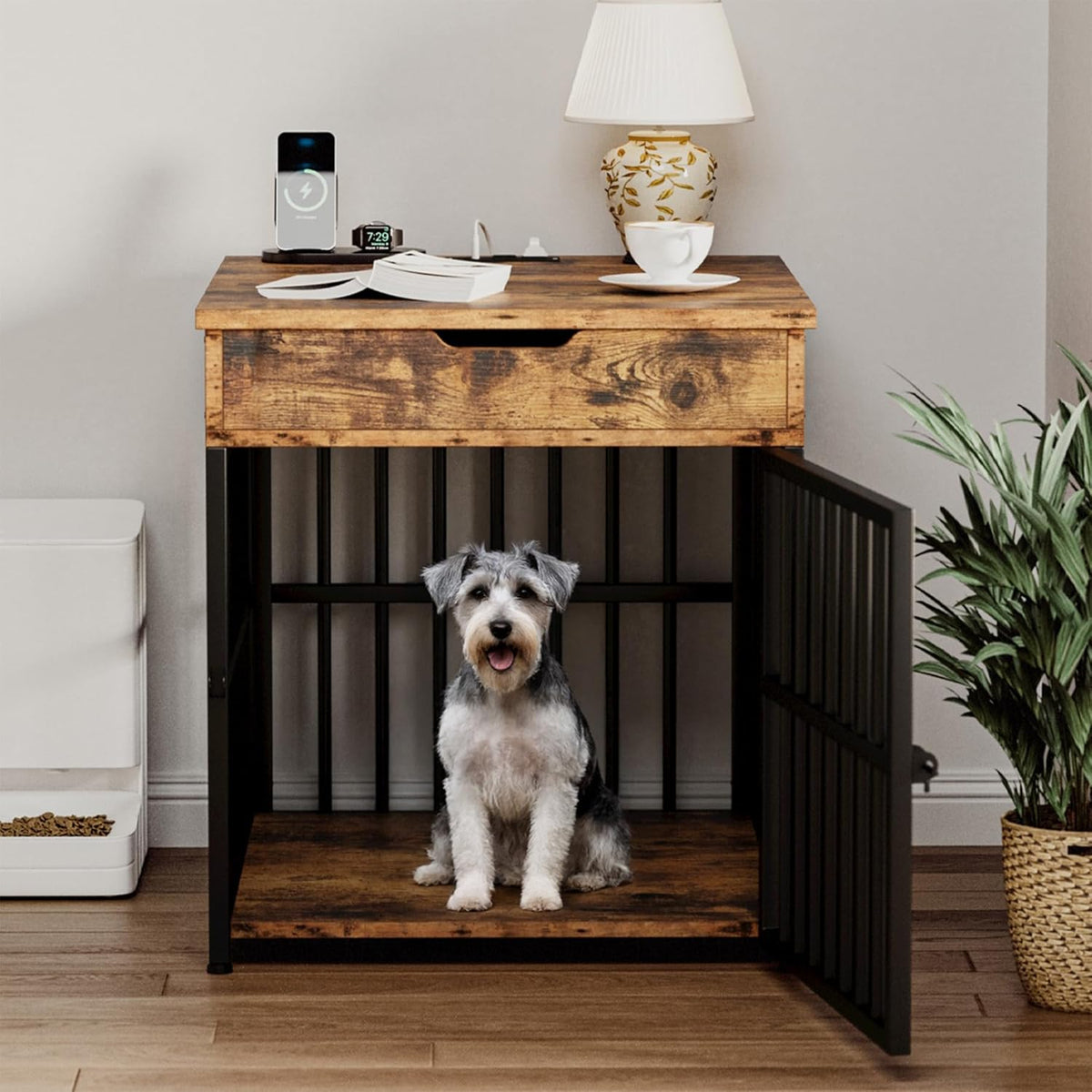 IRONCK Dog Crate Furniture for Small Dogs, Wooden Dog Kennel with Flip Top Drawer, Indoor Pet Crate End Table with Charging Station, Steel-Tube Dog Cage, Rustic Brown