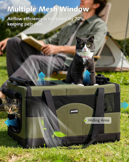 Pecute Cat Carrier, Soft Double Pet Crate for 2 Cats Travel, Green | 5mm Anti-collapse Frame, Convertible Dual Space, Foldable, Polyester Breathable mesh, Up to 26 lbs, Car Travel & Vet Visits