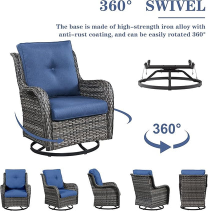 Belord 5 Piece Outdoor Patio Furniture Set - Wicker Furniture Patio Conversation Set, Outdoor Swivel Rocker Chairs with Loveseat Sofa and 2 Ottomans for Small Space, Blue Cushion