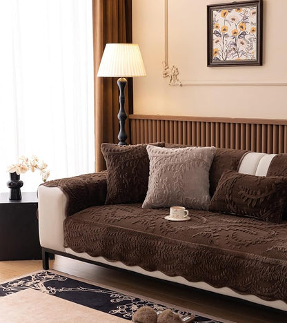 Fuzzy Rabbit Plush Sofa Cover Cozy Warm Sofa Couch Covers with 3D Jacquard Leaf Pattern Non-Slip Easy-to-Install Shaggy Sofa Slipcover Prefect for Kids Dogs Cats Cats(Caramel,36"x102")