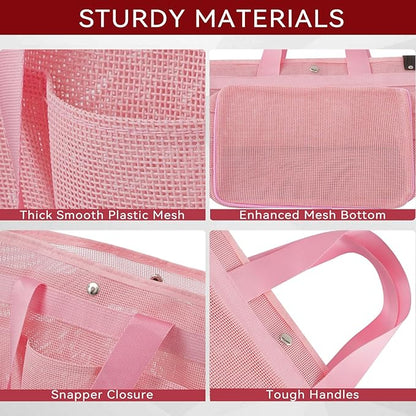 Mesh Horse Grooming Tote Bag Breathable Waterproof, 6 Pockets Horse Grooming Kit Tool Bags, Horse Cleaning Caddy Box for Cleaning Supplies, Pet Grooming Organizer for Horse Cow Cats, Pink
