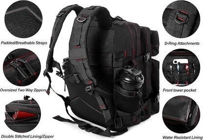 LHI Military Tactical Backpack for Men and Women 45L Army 3 Days Assault Pack Bag Large Rucksack with Molle System - Black With Red Line
