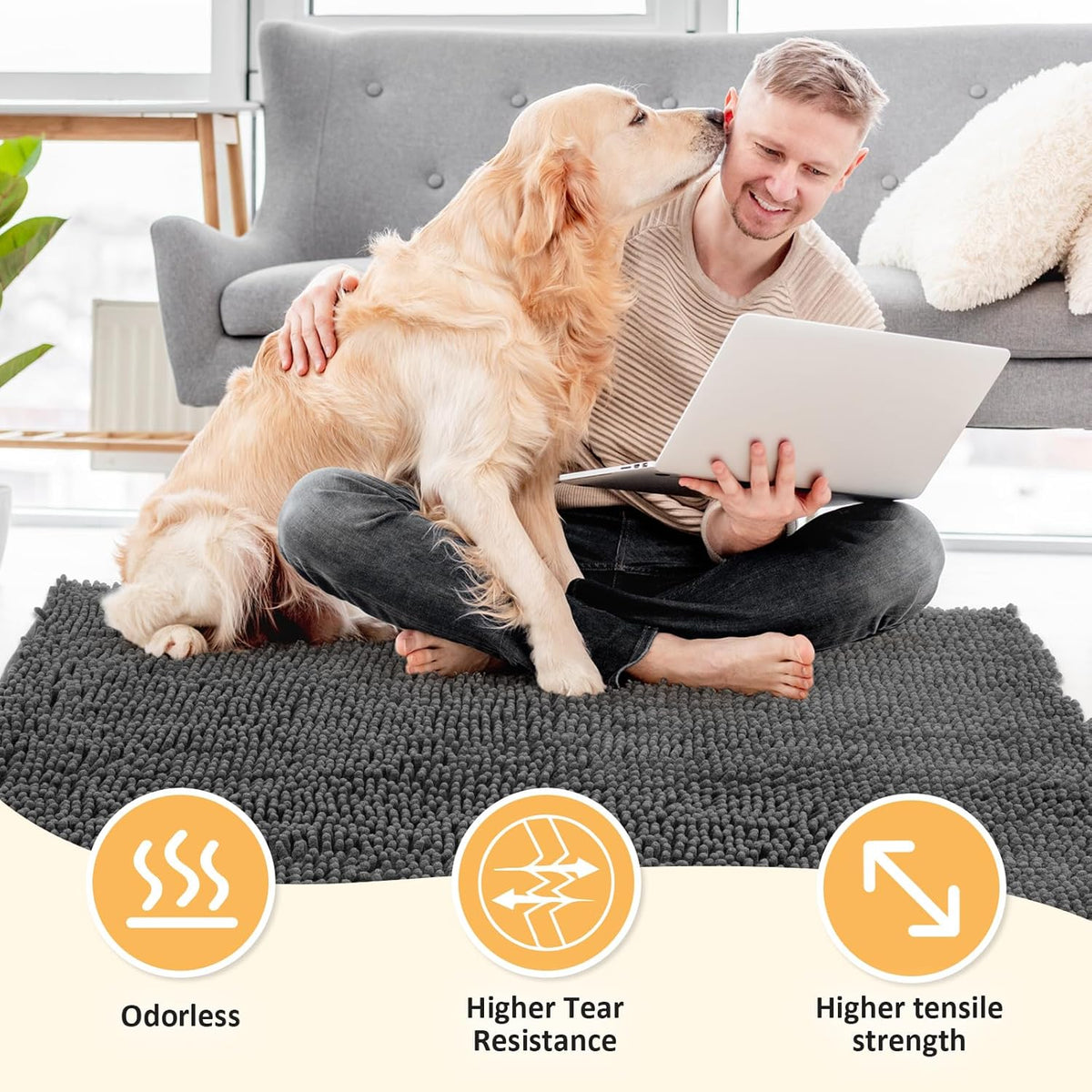 Absorbent Dog Door Mat for Muddy Paws, 48" x 30" Chenille Indoor Mats for Entryway, Trap Dirt Front Door Mat Indoor Entrance Washable Non Slip Soft