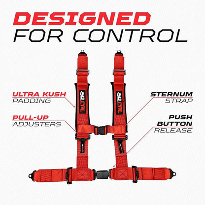 1pc 50 Cal Red 4 Point Harness 2in Straps, Racing Harness Seat Belt | Ultra Kush padding, Push Button quick release hardware. Universal Fit for UTV, RZR, race car.