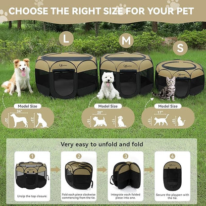 Siedihit Puppy Playpen for Small Dog Cat, Dogs Tent Crate Cage | Indoor/Outdoor, Portable Pop Up Dog Kennel with Carrying Bag for Rabbits(Black Khaki, Small)