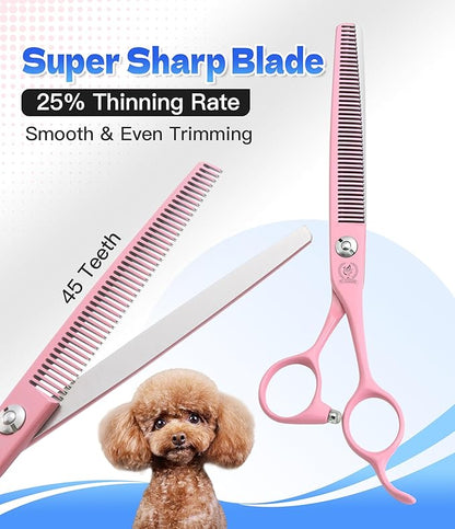 Fenice Peak 7" Professional Dog Grooming Scissors Set, Japanese 440C Stainless Steel Straight Thinning Curved Chunker Shears for Pet Grooming, Trimming Face, Paws, Pink