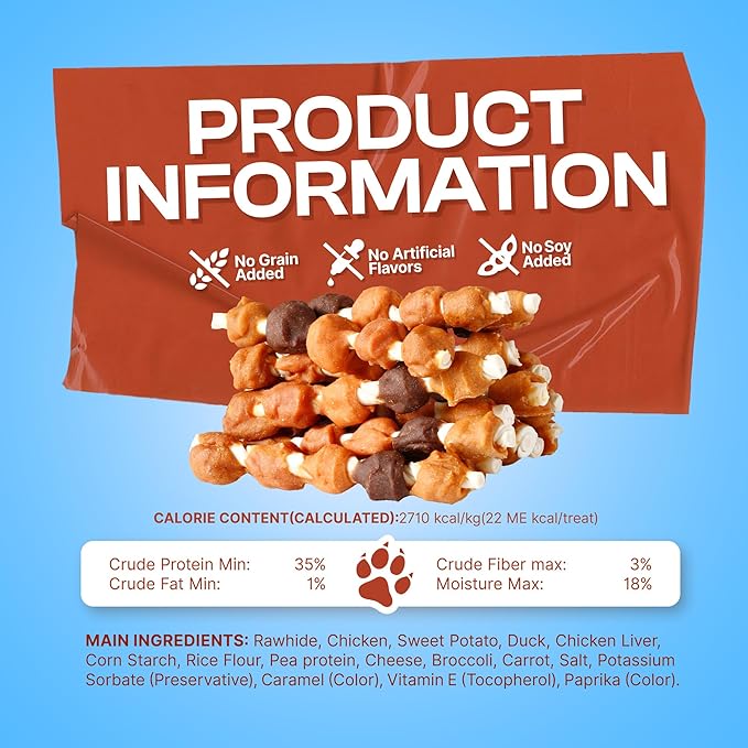 PETPHABET Dog Kabobs Treats - 5 Flavors Training Snacks, Healthy Puppy Chews for Small Medium Large Breeds, Made with Chicken, Sweet Potato, Duck, Cheese & Rawhide Sticks 14oz