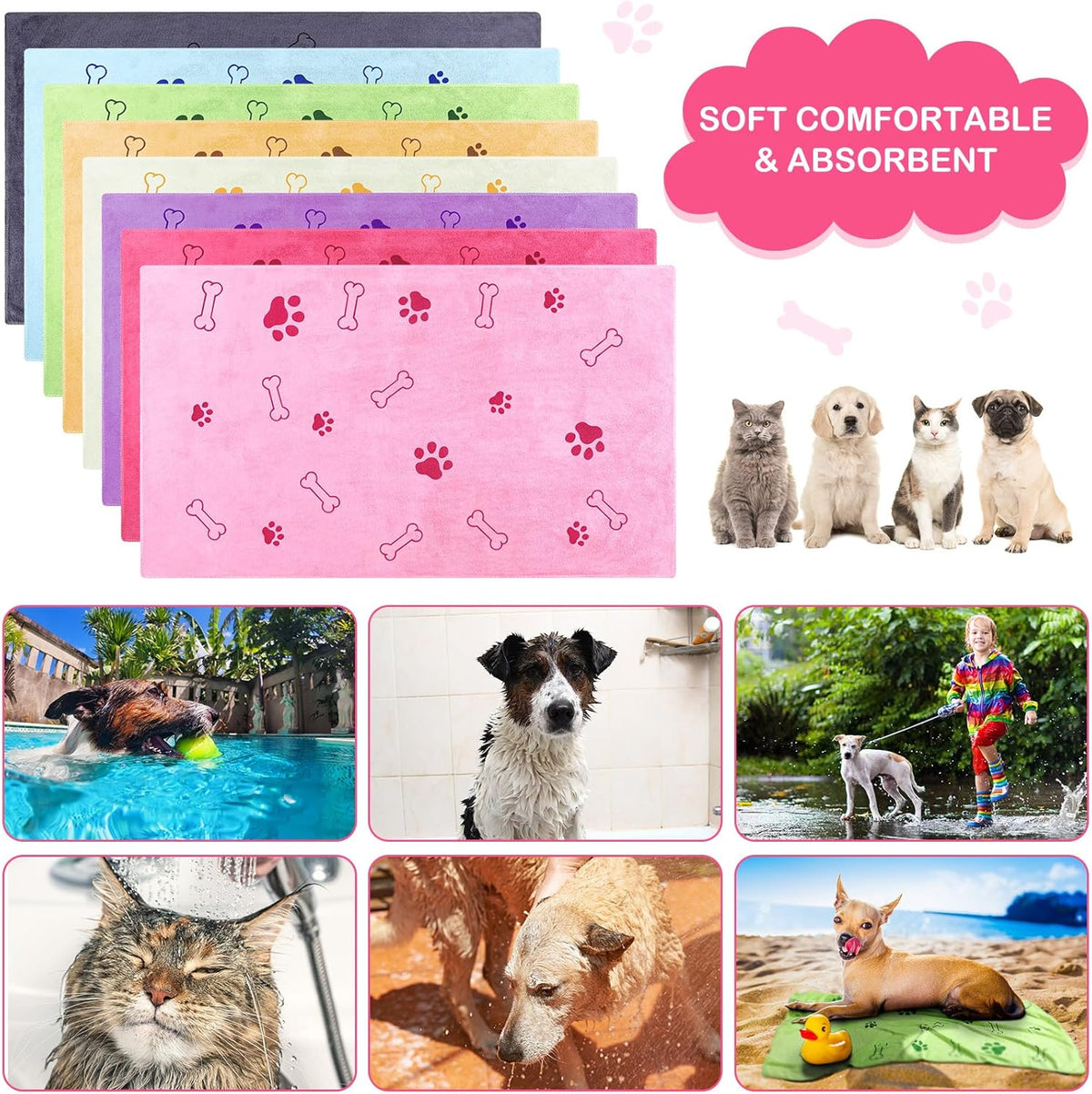 Chumia 8 Pcs Dog Towels for Drying Dogs Cats Pet Towels Bulk Puppy Microfiber Quick Drying Paw Bath Bathing Supplies Absorbent for Medium Pets(Sweet Color,40 x 24 Inch)