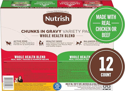 Nutrish Whole Health Blend Chunks in Gravy Variety Pack Wet Dog Food, 13 oz. Can, 12 Count (Rachael Ray)