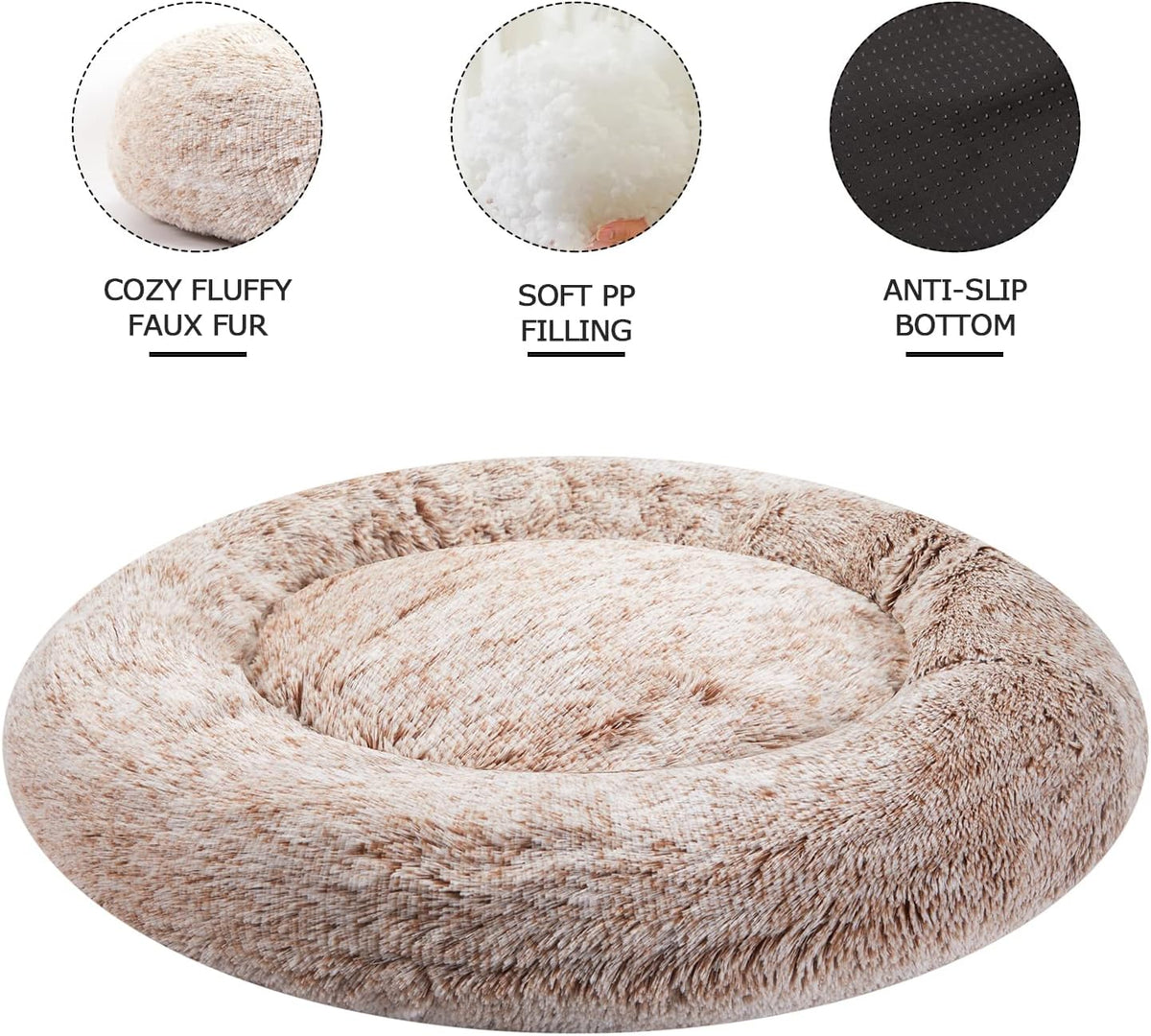 Bedfolks Calming Donut Dog Bed - 30" Round Plush for Medium Dogs, Anti-Anxiety, Machine Washable (Brown, Medium)