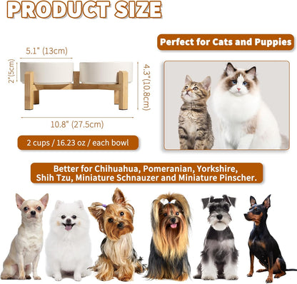 Elevated Ceramic Dog Bowl Set - Raised Feeding Bowls with Non-Slip Bamboo Stand - Small Pet Dishes for Food and Water - Ideal for Cats and Puppies - 16.23 OZ - 2 Cups - 480 ML