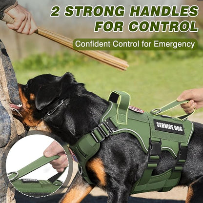 Tactical Service Dog Vest Harness and Leash Set,Heavy Duty Dog Harness with Metal Buckles for Large Dogs,Adjustable No Pull Pet Vest with 10 Patches,for Training Working Hiking,Green XL