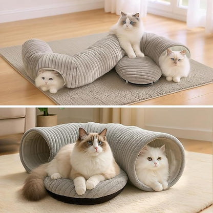 Cat Tunnel Bed for Indoor Cats, Peekaboo Cat Cave Bed,Soft Cat Donut Tunnel for Kitten Large Cats, Cat Tunnel Christmas Tree Skirt, Grey