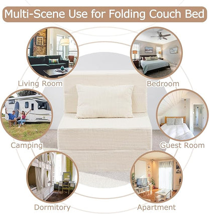 HILERO Folding Sofa Bed, 4 in 1 Convertible Sleeper Chair with Pillow, Single Memory Foam Fold Out Chair Bed, Modern Floor Futon Sofa Couch Mattress for Living Room/Guest/Apartment,Beige