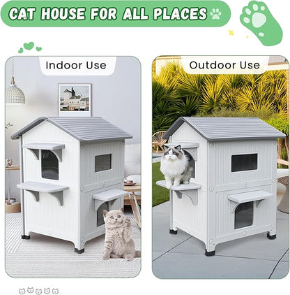 Insulated Outdoor Cat Houses - Waterproof 2 Story Cat House for Outside with Escape Door for Winter，Elevated Outdoor Cat House for Feral Stray Barn Cat Kitty