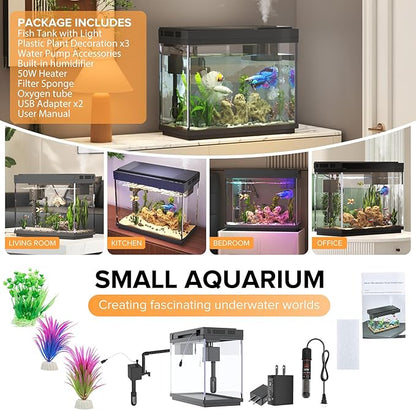 Vehipa Fish Tank 2.4 Gallon Aquarium with Heater, 3-in-1 Silent Pump with Filteration & Oxygenation & Circulation, 7-Color Timer Cycle Light, Temperature Display, Humidifier, HD Glass Fish Bowl