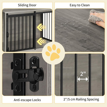 39.4" Heavy Duty Dog Crate Furniture with Barn Door, Wood Indoor Dog Crate Kennel for Small/Medium/Large Dogs, End Side Table, TV Stand, Greige Black DFC02305B