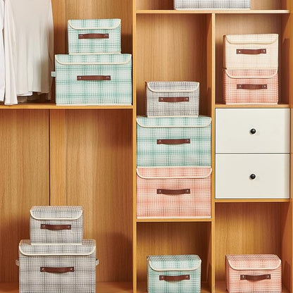 Storage Boxes with Lid 3D Textured Fabric Storage Bins Closet Organizer Containers Decorative Collapsible Washable Shelf Baskets with Faux Leather Handles (Light Salmon, Small Size)