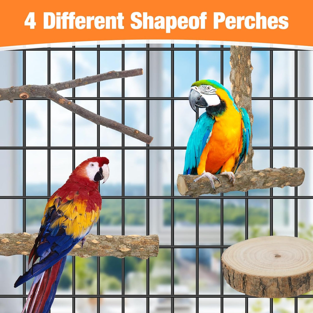 Bird Perch Stand, Pole Standing Natural Wood Bird Perch Set 7PCS Paw Grinding Fork Parrot Cage Branch with Rope Cage Accessories Toys for Parakeets, Cockatiels, Conure, Budgies
