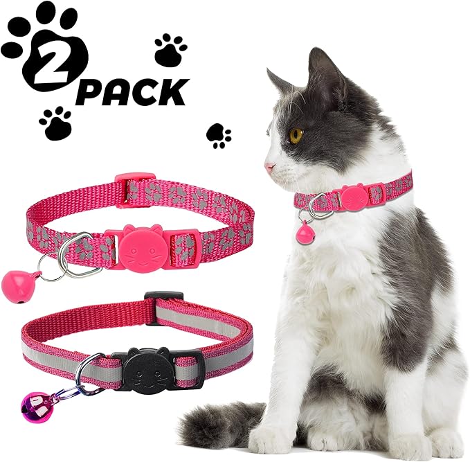 BANMODER 2 Pack Reflective Cat Collar Breakaway with Bell,Personalized Kitten Collars,Adjustable Safety Buckle Collar for Male Cats Girls & Boys (Hot Pink)
