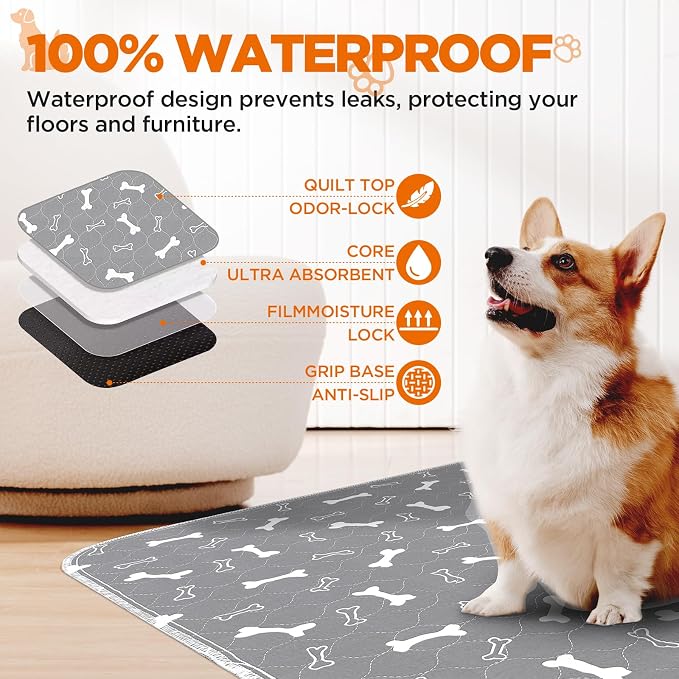Washable Pee Pads for Dogs, 2 Pack Reusable Puppy Pads, 24"x24" | Super Absorbent, Waterproof & Leakproof, Non-Slip Bottom, Machine Washable, For Floors, Beds, Couches, Crates, Carpets, Cars