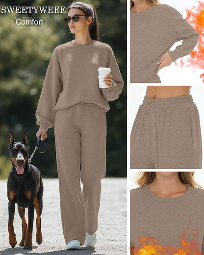 Sweetyweee Women's 2 Piece Outfits Set Fleece Lined Lounge Sweatsuit Crewneck Pullover Top Wide Leg Pants Casual Tracksuit