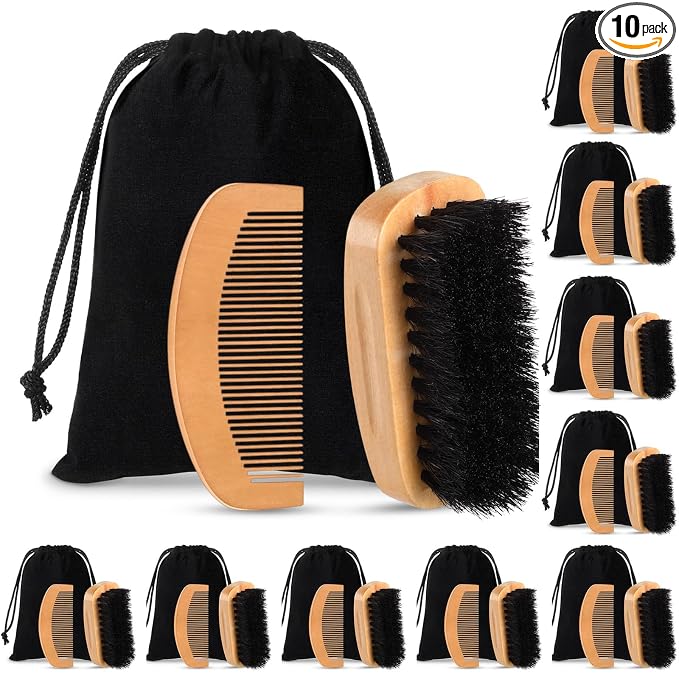 10 Sets Natural Boar Bristle Brush, Pear Wood Dual-Sided Wide Tooth Comb, Travel Pouch - Beard Grooming Kit for Men's Beard Care, Valentine's Gift (Rectangle)