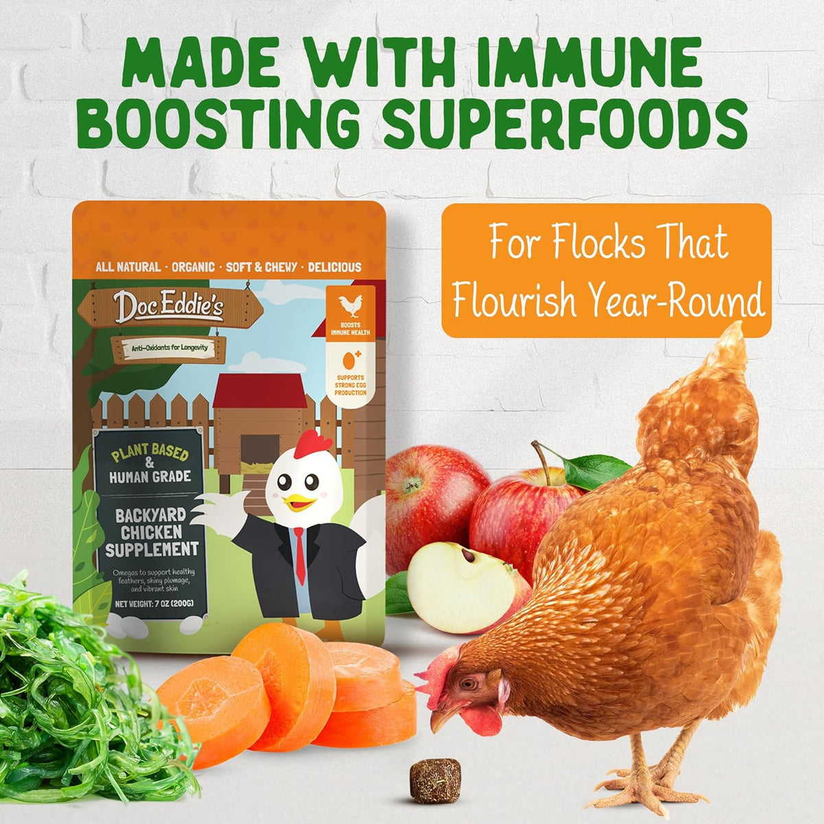 Doc Eddie’s Backyard Chicken Supplement - Plant-Based Treats for Egg Laying Hens - Poultry Feed Enrichment Made with Omega 3 Rich Algae - Essential for Immune Health, Feather Regrowth, Egg Production