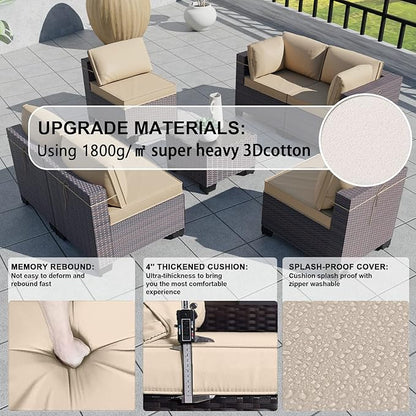 Kullavik 7 Pieces Outdoor Patio Furniture Set,Sectional Rattan Sofa Set Brown PE Rattan Wicker Patio Conversation Set with Tempered Glass Coffee Table and Washable Cushions Covers,Sand