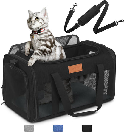 PETUX TSA Approved Pet Carrier in Cabin, 17"x11"x9.5" Soft Cat Carriers for Small Cat up to 12 lb and Puppy up to 10 lb, Top Open Portable Pet Carrier Airline Approved for Travel and Vet Visit (Black)