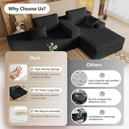 Oversized 80" Double Chaise Lounge Chair Futon Sofa Bed Boneless Cloud Couch Sleeper Sofa, Flannel Upholstered Floor Sofa Modular Sectional Loveseat with 2 Throw Pillow & Backrest Pillow, Black