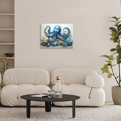 Octopus Bathroom Pictures Wall Art, Sea Animal Ocean Bathroom Wall Decor, Nautical Framed Painting Canvas Artwork for Bedroom Living Room Decorations 20"L x 16"W